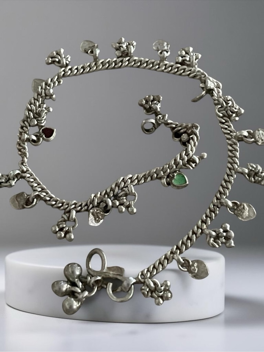 Sterling Silver Charm Anklet with Red and Green Accents